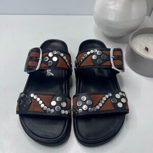 Free People Revelry Leather Studded Sandal Buckle Black/Tan Women 6 Tried On